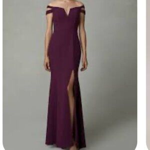 BA NITES PLUM OFF THE SHOULDER STRAPPY SLIT EVENING GOWN DRESS - 10